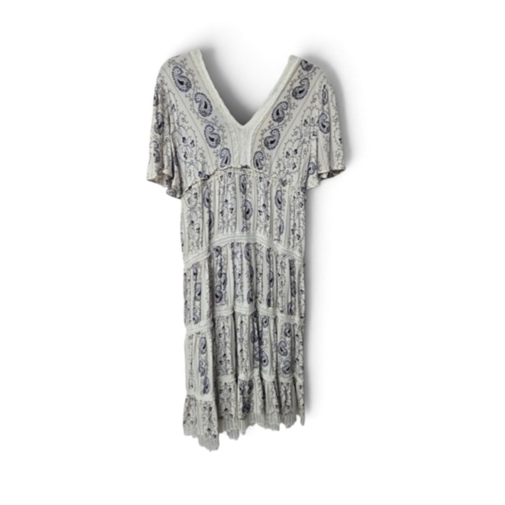 Angie Midi Dress Large Cream Navy Paisley Crochet Lace Trim Tiered Boho Peasant